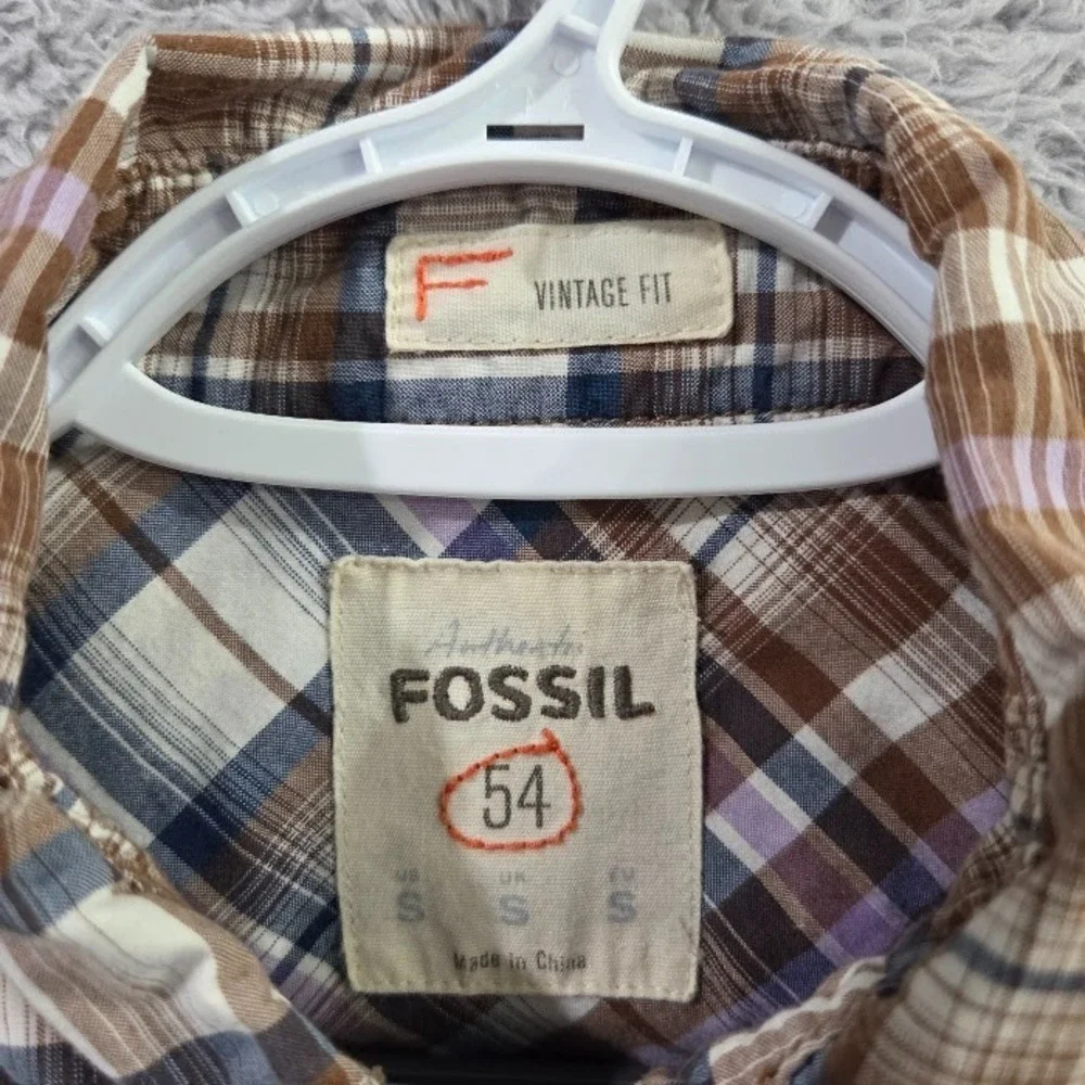 Fossil 54 Authentic Men's Small Vintage Fit Plaid Western Pearl Snap Shirt Brown